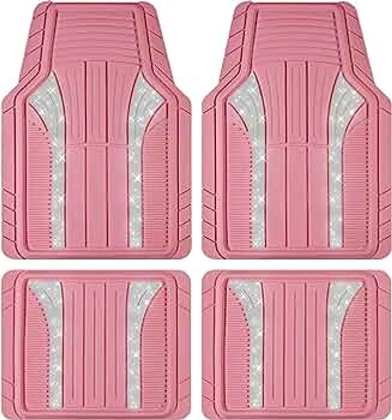 PIC AUTO Bling Rubber Floor Mats, Sparkly Glitter Pink Car Mats Set, Heavy Duty All Weather Waterproof Mats Pad for Girls & Women Universal Fit for Automotive SUV, Sedan, Van