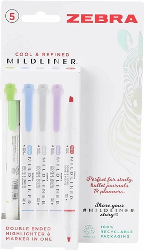 Zebra Mildliner Twin Tip Highlighters Cool and Refined Colours (Pack of 5) | WHSmith