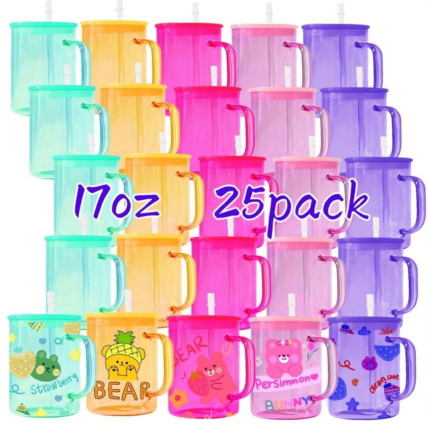 * 25 pack Sublimation Glass Mug with Colorful Lids and Straws, 17oz Clear Jelly Blanks Sublimation Beer Mug, Borosilicate Glasses, Sublimation Tu