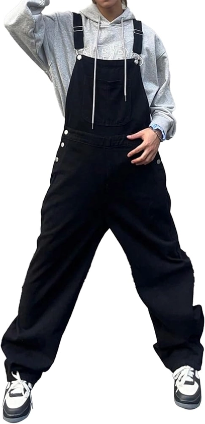 Mens Casual Fashion Baggy Bib Overalls with a Big Front Pocket Straight Leg Loose Fit Jean Jumpsuit