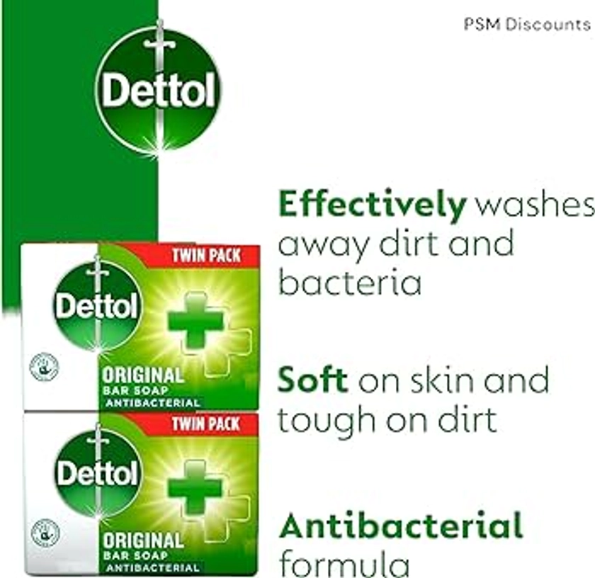 Dettol Antibacterial Original Soap Bars, 4 x 100g, Antibacterial and Moisturising soap bars bundle, Quickly eliminates bacteria