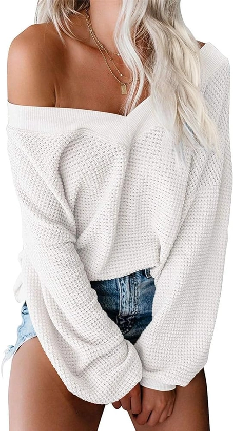 ReachMe Womens Oversized Off The Shoulder Tops Long Sleeve Waffle Knit Shirt Drop Shoulder Sweater Top
