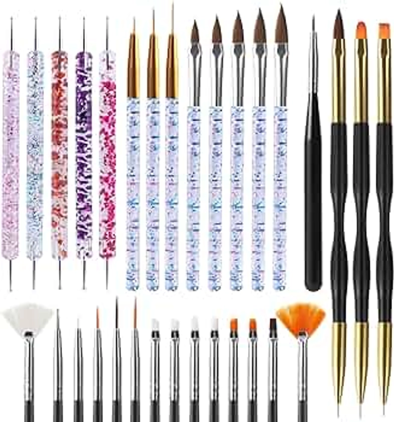 Artdone 31pcs Nail Art Brushes,Nail Art Tool Set,Nail Dotting Tools,Nail Dust Brush,Striping Nail Art Brushes for Long Lines,Nail Drawing Pen For Nail Design.