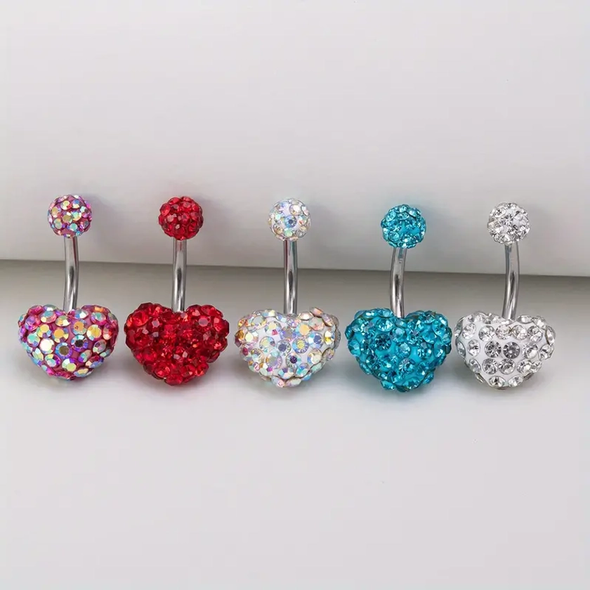 1/5pcs Inlaid Rhinestone Love Heart Shaped Belly Button Ring Set Navel Nail Stainless Steel Barbell Bar Body Piercing Jewelry 14G