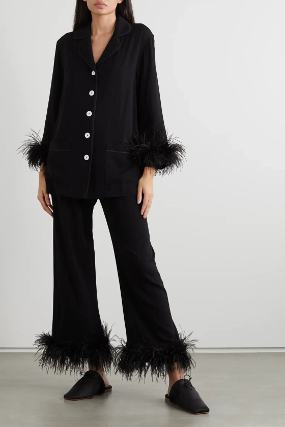 SLEEPER + NET SUSTAIN feather-trimmed crepe de chine pajama