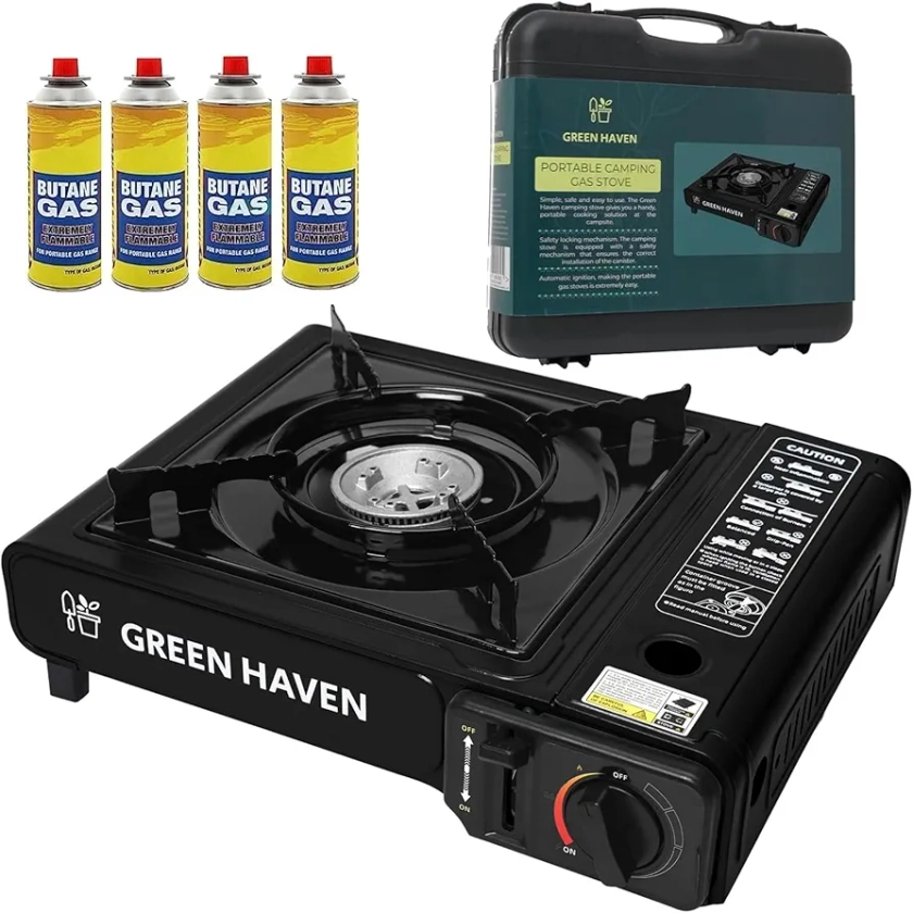 GREEN HAVEN Black Portable Camping Stove with Cary Case & 4 Butane Gas | Premium Camping Gas Stove |EN417 Compliant Camping Stove Gas Portable |Gas Camping Stove (Black, Stove + 4 Gas)