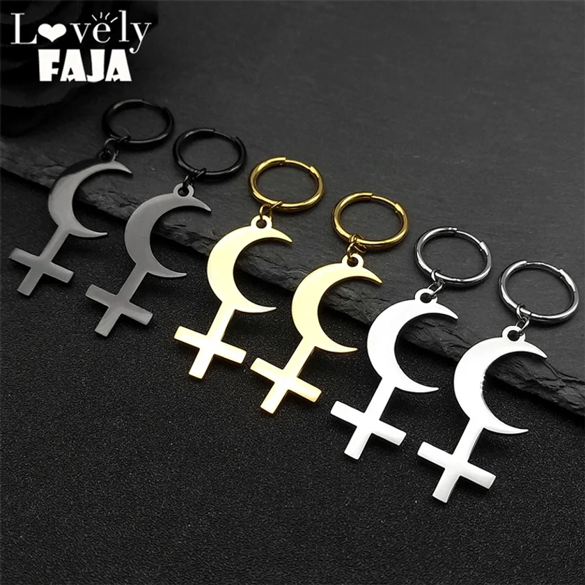 Pendientes de cruz invertida de luna creciente para hombres y mujeres, acero inoxidable, Color dorado, símbolo astrológico, joyería Satan - AliExpress