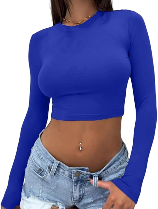 Abardsion Women's Sexy Long Sleeve Crop Top 2024 Crew Neck Basic Fitted Tight Cropped T Shirts