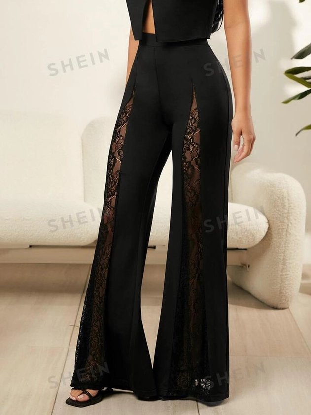 SHEIN SXY Sexy Contrast Lace Flare Leg Pants