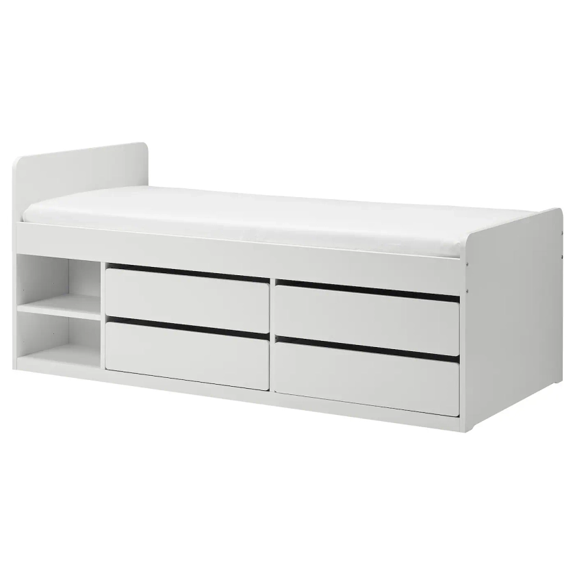 SLÄKT Bed frame w/storage+slatted bedbase - white Twin