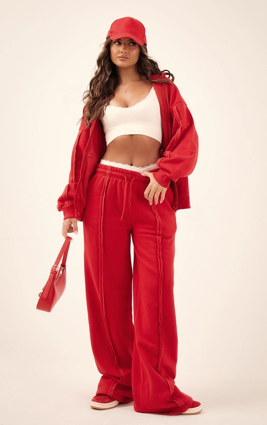 Red Oversized Wide Leg Seam Detail Joggers