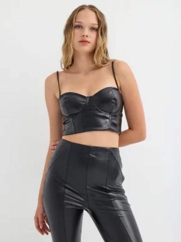 Crop top corsé polipiel negro