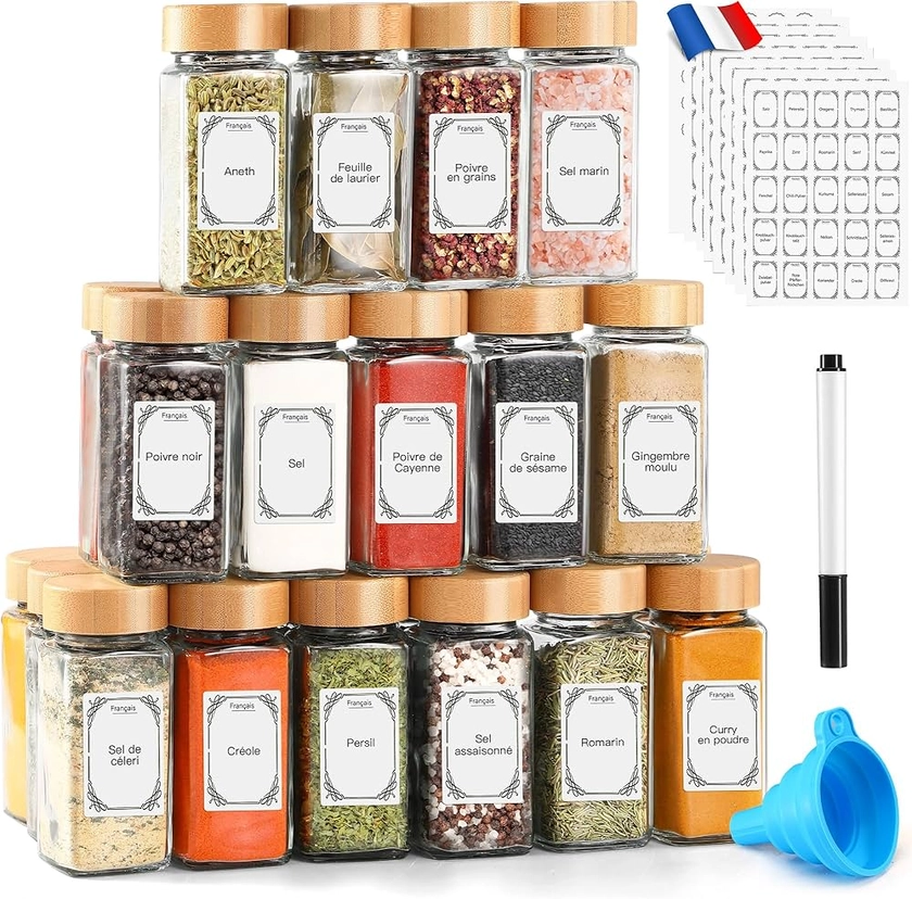 TUSEASY Glass and Wood Spice Jar with French Spice Label, 24 Pieces 120 ml Spice Jars with Airtight Bamboo Lid, Spice Box for Kitchen Spice Storage : Amazon.fr: Home & Kitchen