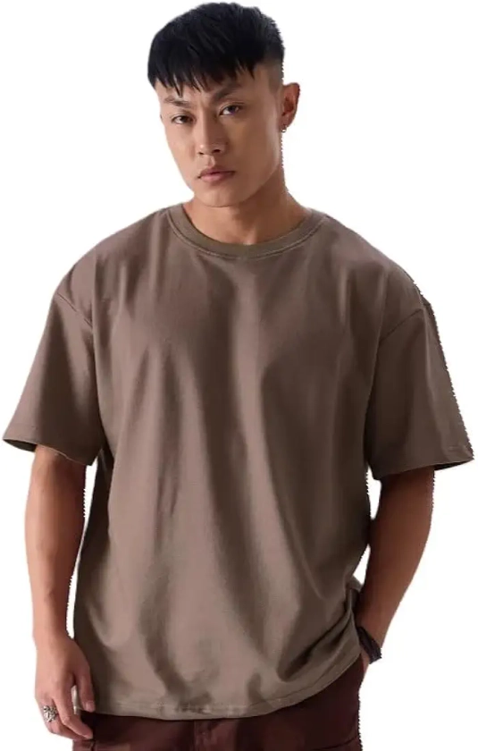 Buy Oversized Cotton T-Shirt, Baggy Fit, Round Neck, Drop Shoulder, Half Sleeves, Solid Colour (Large, Brown) at Amazon.in