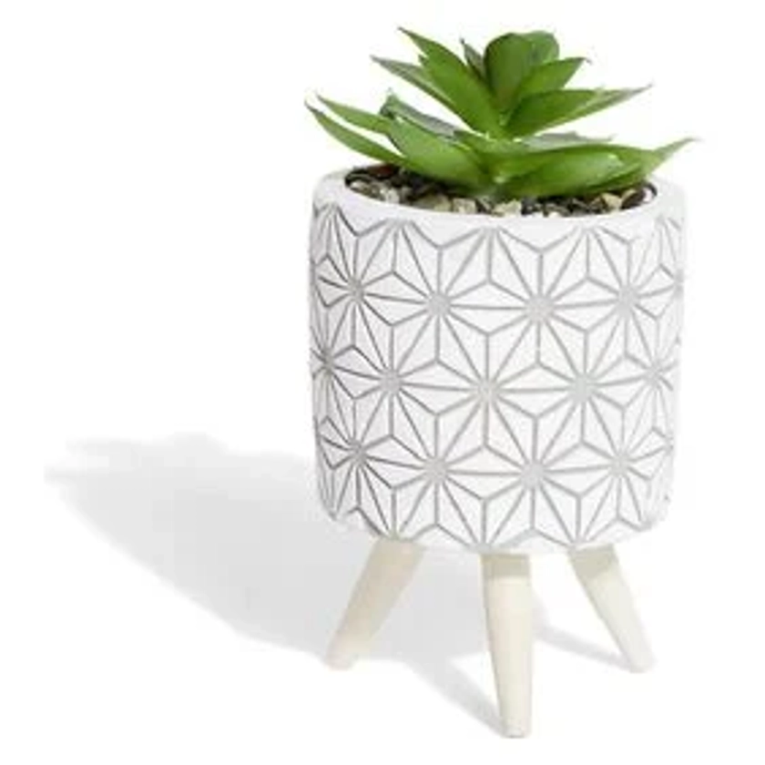 Plante artificielle pot ciment trépied bois Ø7,5xH13cm