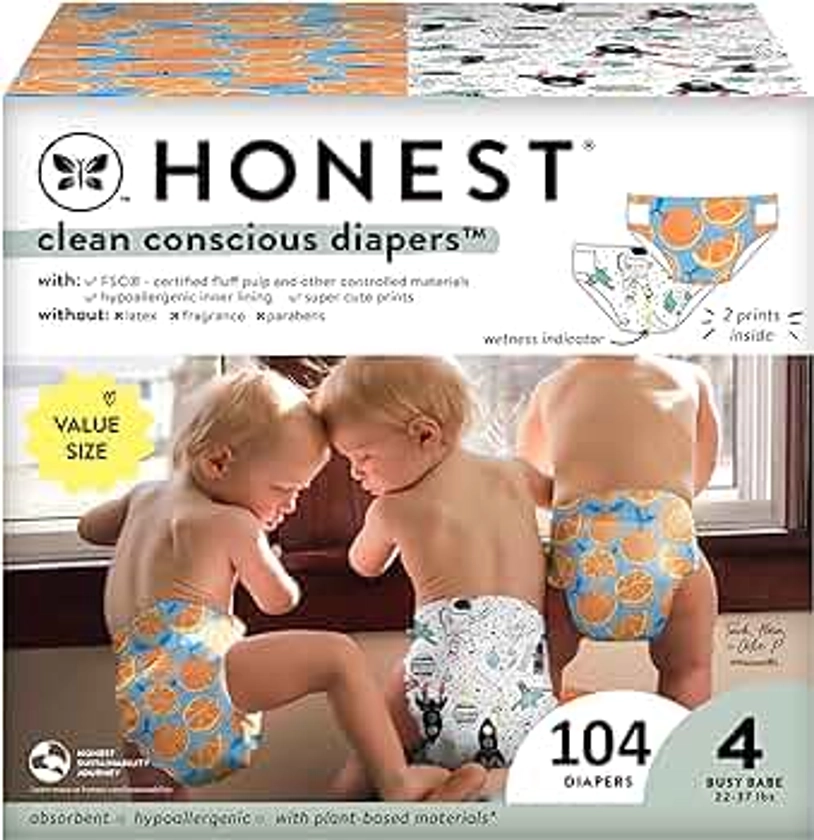 The Honest Company Clean Conscious Diapers | Plant-Based, Sustainable | Space Travel + Orange You Cute | Super Club Box, Size 4 (22-37 lbs), 104 Count
