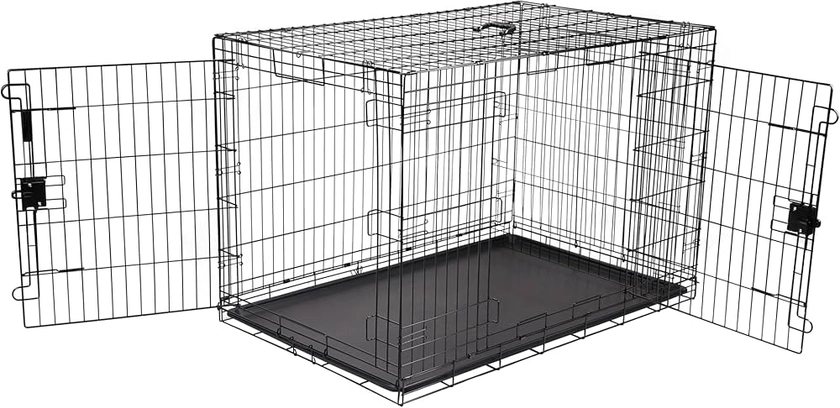 Amazon Basics Cage pour chien Durable,Pliable en fil métallique avec plateau, Double porte,L 122 x l 76 x H 83 cm, Noir