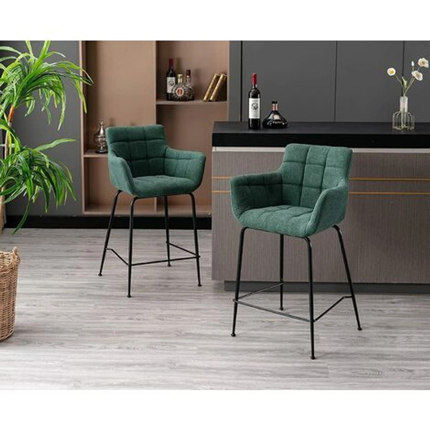 Lot de 2 Tabouret de Bar en Tissu Chaise Haute Cuisine Chaise de Bar avec Accoudoirs pour Bar, Vert