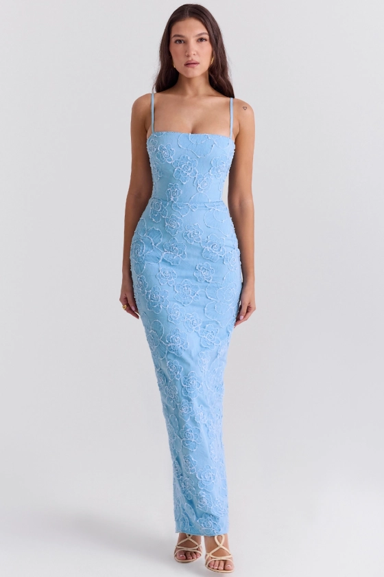Clothing : Maxi Dresses : 'Eva' Tuscan Blue Embroidered Floral Maxi Dress