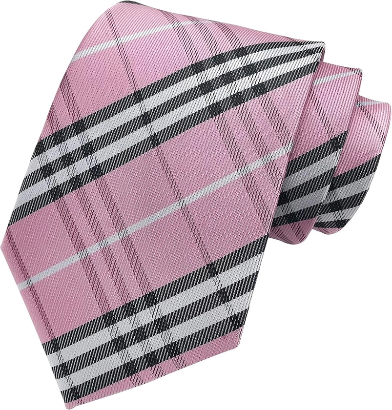 Elfeves Men's Modern Tartan Checks Plaid Style Formal Ties Woven Pattern Necktie (One Size, Pink black) at Amazon Men’s Clothing store