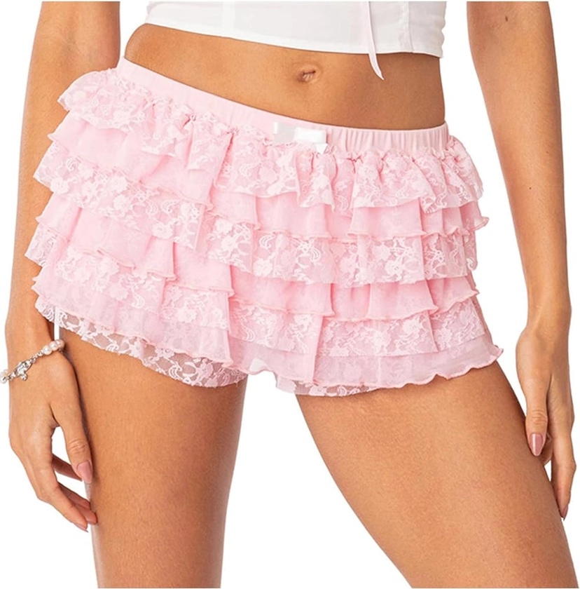 Women Y2K Mini Shorts Cute Ruffle Lace Trim Layered Short Skirt Elastic Low Waist Lolita Pumpkin Pants Pleated Pettipant Bloomers