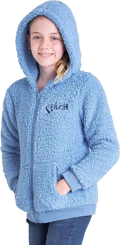 Disney Stitch Sherpa Hoodie for Girls, Zip Up Fleece Fluffy Hoodie for Kids Teens