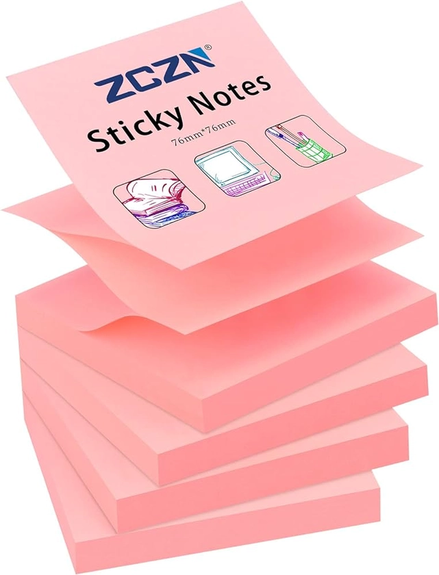 ZCZN Pop-up Sticky Notes 76 x 76 mm, 4 Pads Bright Colour Self-Stick Notes, 100 Sheets/Pad, Pink : Amazon.co.uk: Stationery & Office Supplies