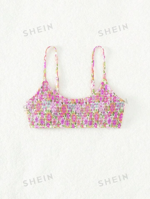 SHEIN Swim Mod Floral Print Smocked Bikini Top | SHEIN USA