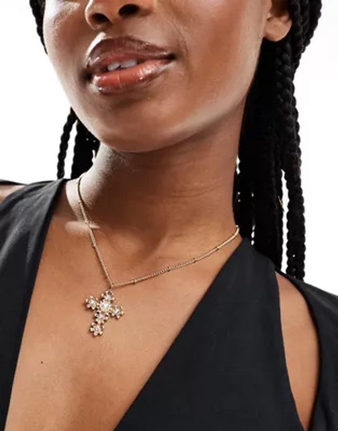 DesignB London pearl detail cross necklace in gold | ASOS