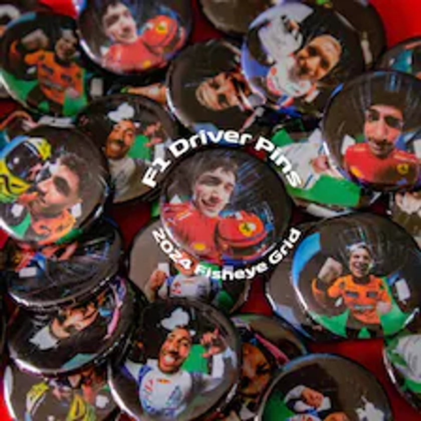 Formula 1 2024 Fisheye Driver Pins || Pinback Badges, F1, 2024 Grid, Leclerc, Norris, Sainz, Piastri