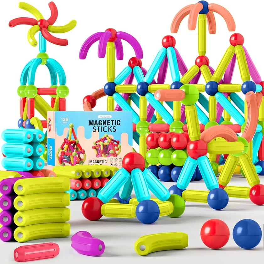 AQXONG 138Pcs Jouets de Construction Magnétiques, Jouets de Construction 3D, Blocs de Construction Magnétiques, Cadeau de Jouet d'apprentissage Éducatif pour Garçons et Filles de 3 à 12 Ans (138Pcs)