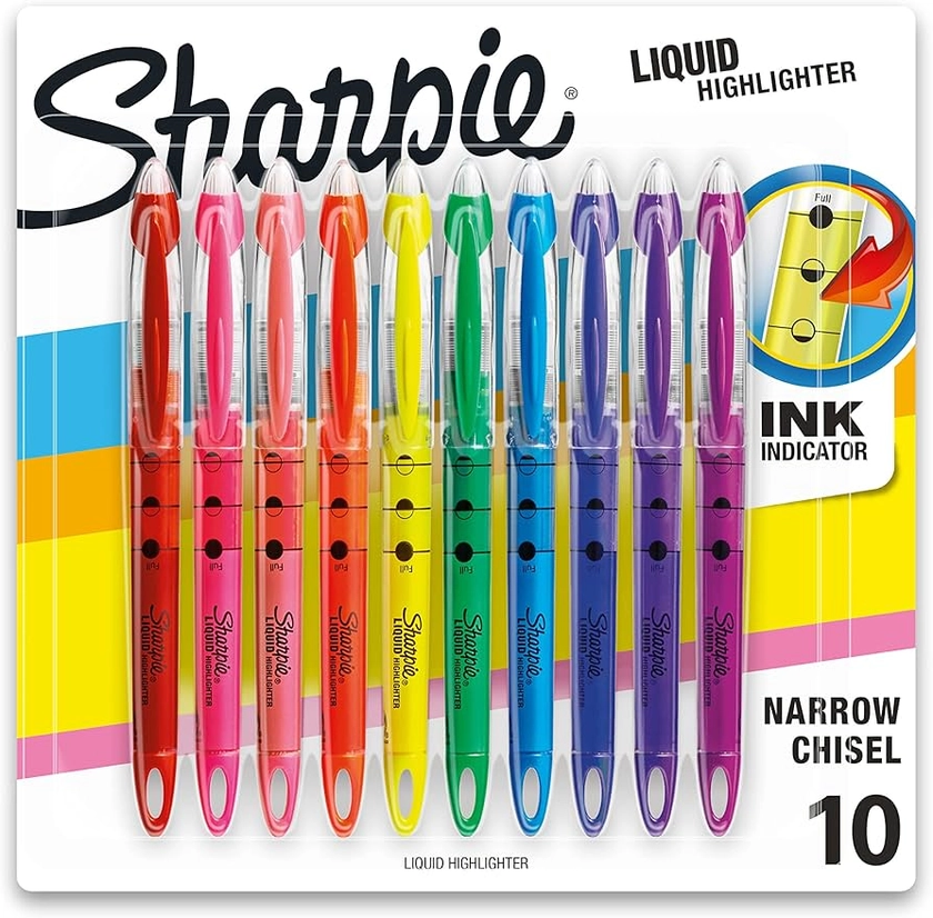 Amazon.com : Sharpie Liquid Highlighter, Chisel Tip Highlighters, Journaling Supplies, Study Supplies, Assorted Colored Highlighters, 10 Count : Office Products