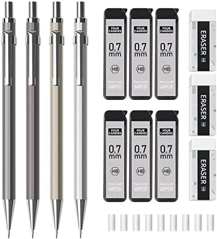 Four Candies 0.7mm Mechanical Pencil Set with Case - 4PCS Metal Mechanical Pencils, 6 Tubes HB #2 Lead Refills, 3PCS 4B Erasers and 9PCS Eraser Refills, Lead Mechanical Pencils for Writing & Drawing