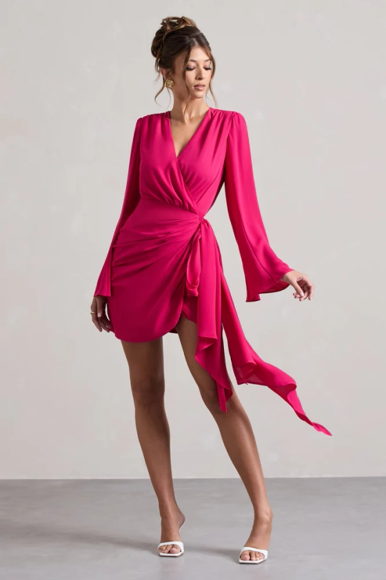 Alinta | Mini-robe portefeuille rose fushia à manches longues