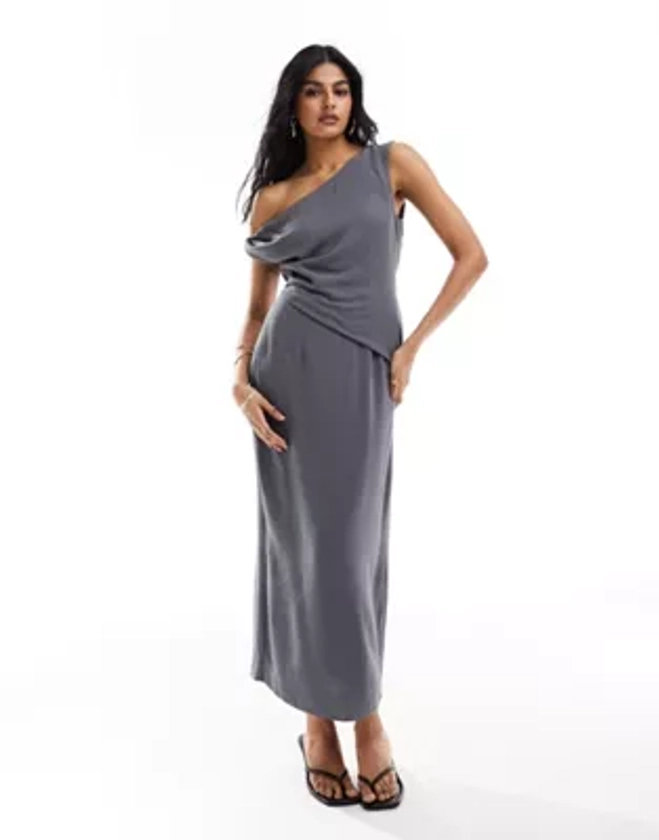 ASOS DESIGN fallen shoulder linen midi dress with pleat waist in charcoal | ASOS