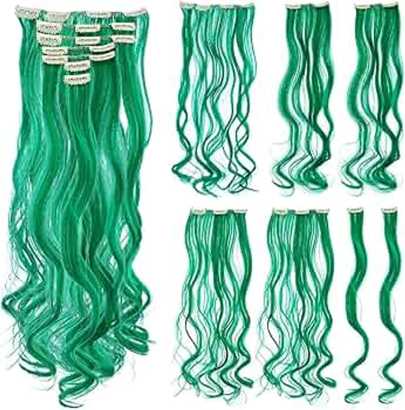 SWACC 7 Pcs Full Head Party Highlights Clip on in Hair Extensions Colored Hair Streak Synthetic Hairpieces (20-Inch Curly, Green)