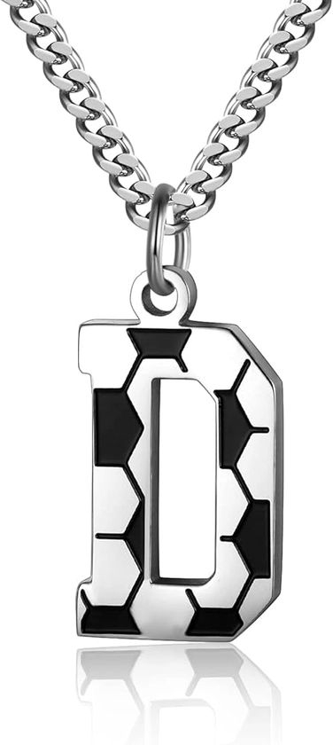 AIAINAGI Soccer Initial A-Z Letter Necklace for Men Soccer Charm Pendant Stainless Steel Silver Chain 22inch Personalized Soccer Gift for Men