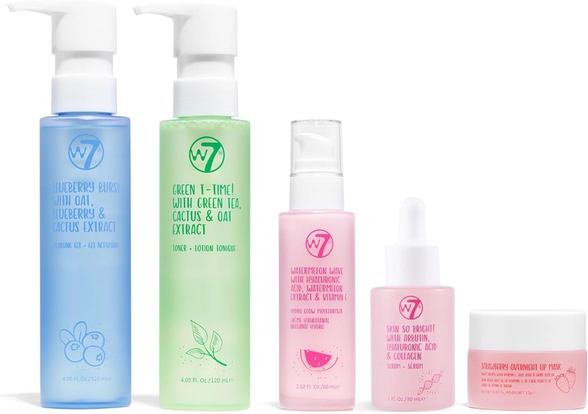 W7 Self-Care Skincare Set - 5 Step Daily Routine - Moisturizer, Serum, Toner, Cleanser & Lip Mask - Full Size Skin Care Kit for Natural, Beautiful Skin