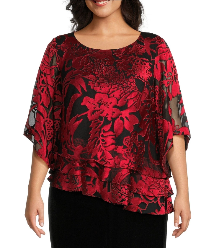 Alex Evening Plus Size Printed Chiffon Scoop Neck Short Sleeve Asymmetrical Tiered Blouse | Dillard's