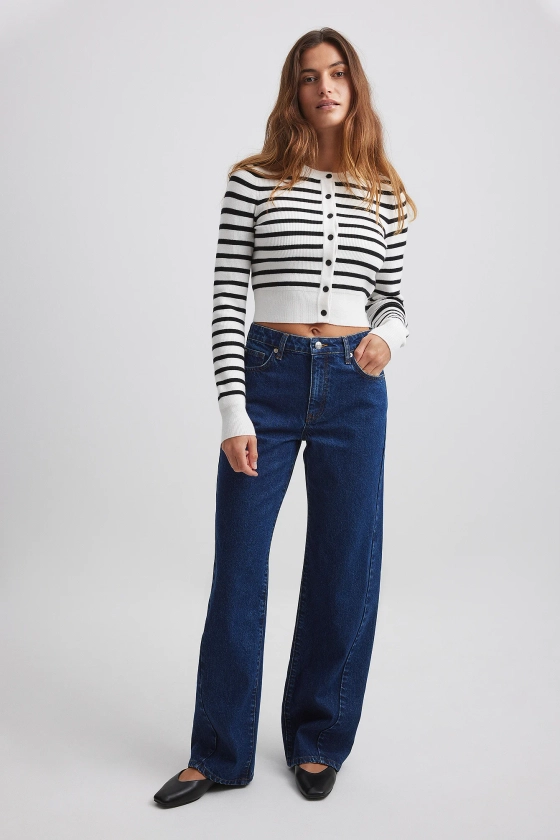 Straight Mid Waist Seam Detail Jeans Blue