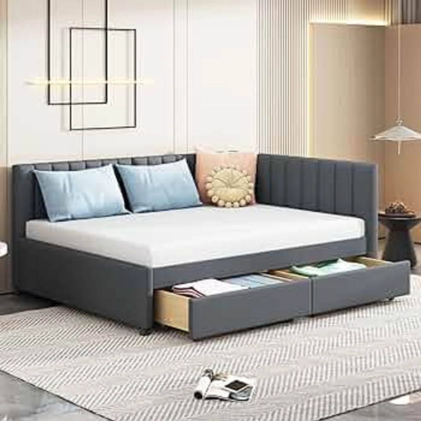 Merax Full Size Daybed with Drawers, Upholstered Full Daybed, Linen Fabric Sofa Bed Frame, No Box Spring Needed, Gray