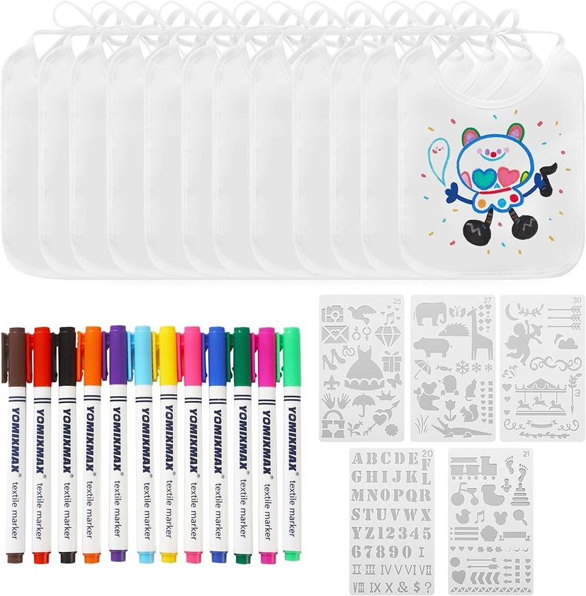 ZHYLUO 12 Pièces Bavoirs Bebe，Contient 12 stylos textiles colorés et 3 modèles de peinture, bavoir imperméable pour bébé, garçon et fille sont disponibles (22 * 17,5 cm)