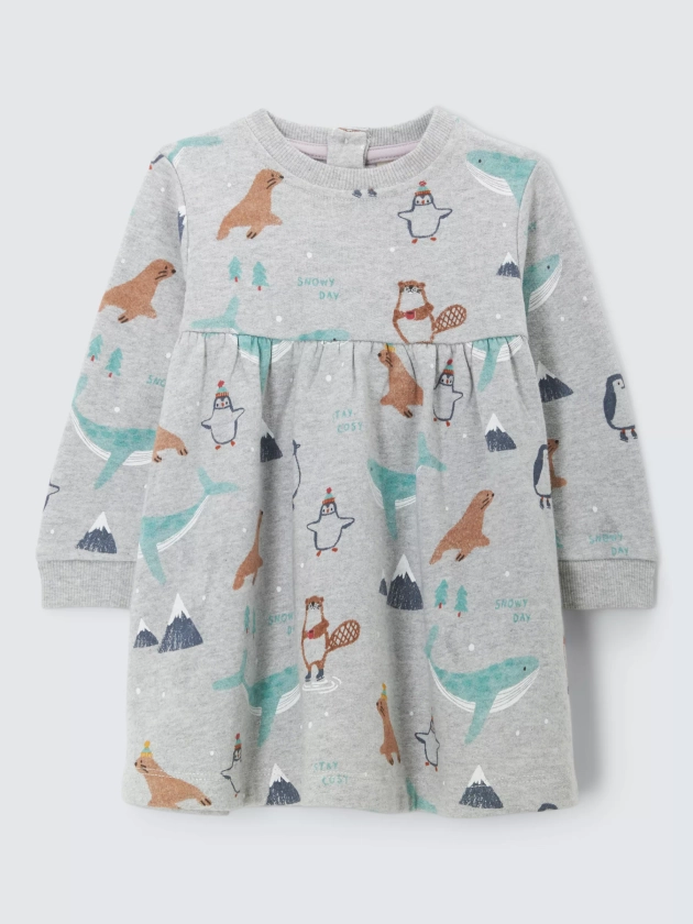 John Lewis Baby Winter Animal Sweat Dress, Grey/Multi