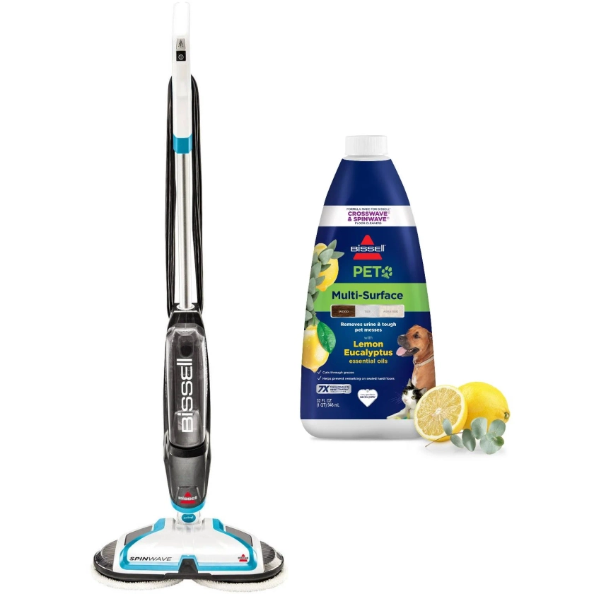 BISSELL Spinwave Hard Floor Powered Mop and Clean and Polish, 2039W & BISSELL® PET Multi-Surface Floor Formula, Lemon Eucalyptus 32 oz 3444