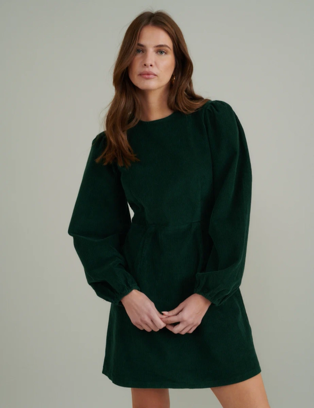 Green Cord Balloon Sleeve Patras Mini Dress