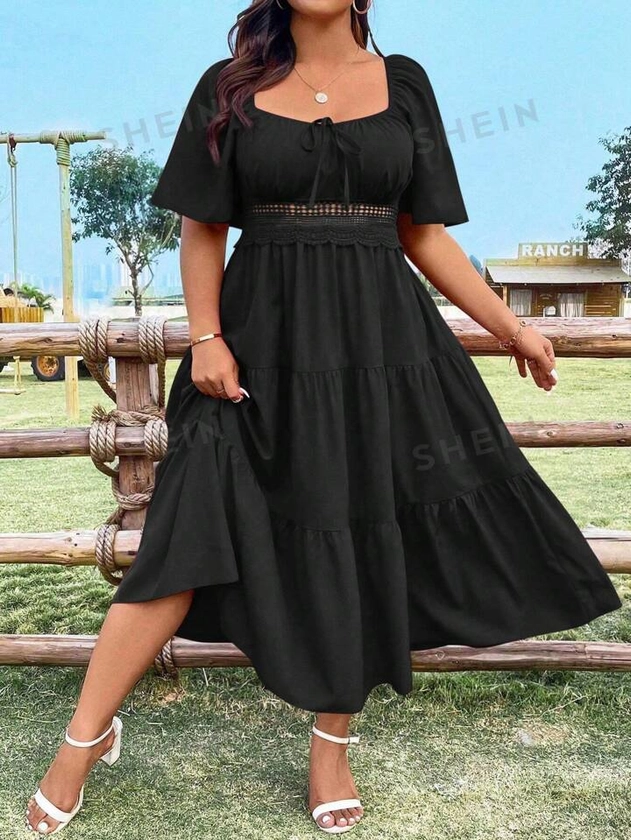 SHEIN EZwear Elegant Plus Size Women's V Neckline Lace-Up Front Belted Dress