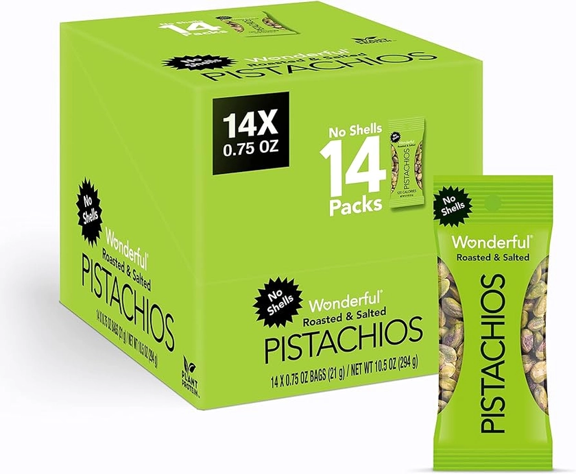 Wonderful Pistachios No Shells, Roasted & Salted Nuts, 0.75 Ounce Bags (Pack of 14), Protein Snack, Carb-Friendly, Gluten Free, On-the-go, Individually Wrapped Snack