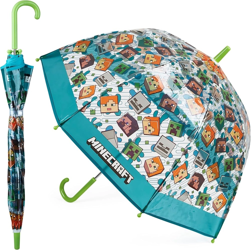 Minecraft Stick Umbrella for Kids, Transparent Clear Dome with J-Shaped Handle