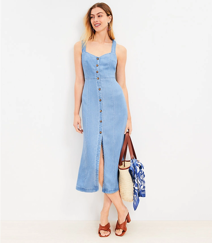 Chambray Crossover Back Button Midi Dress