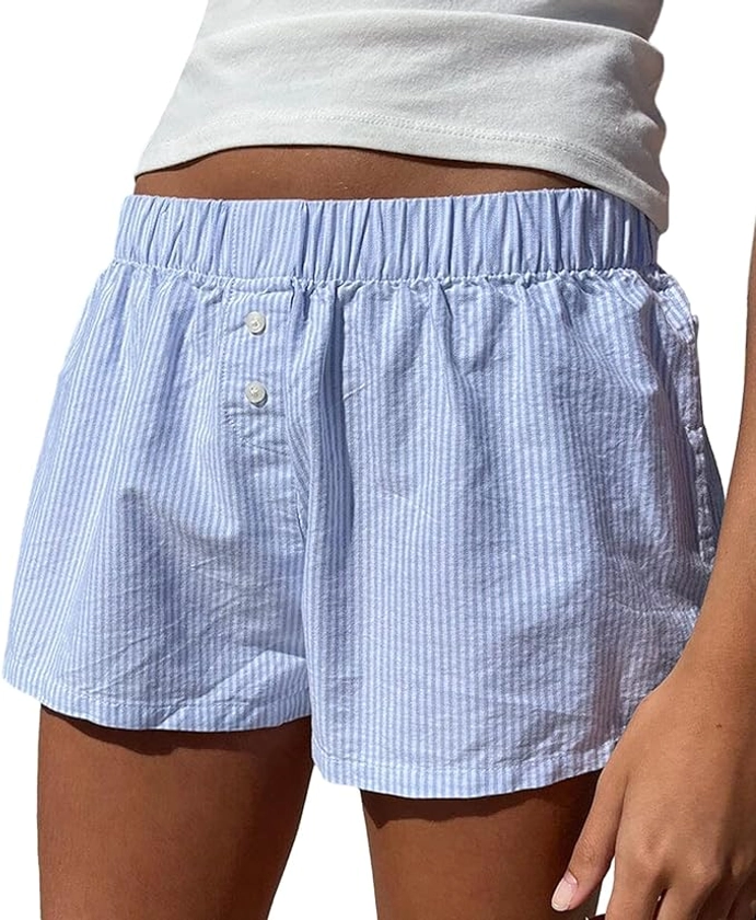 Pivanzore Y2k Plaid Shorts for Women Casual Elastic Waist Aesthetic Lounge Bottom Baggy Pajama Shorts Boxers Sleepwear(Boxers-Blue,Medium) at Amazon Women’s Clothing store